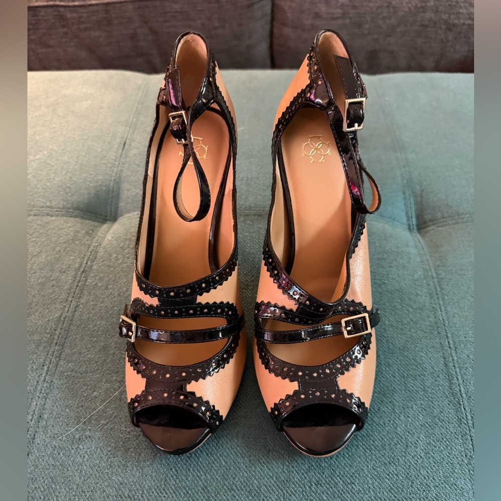 Ann Taylor Black and Tan Peep-Toe Heels